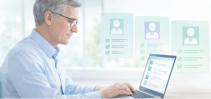 Billedet viser mand der sidder foran sin laptop og søger i vores SEH CV database